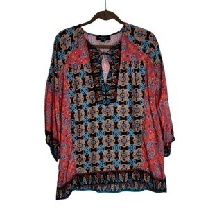 Feathers by Tolani Women's Medium Multicolour Bohemian Top Tunic Tie V-neck